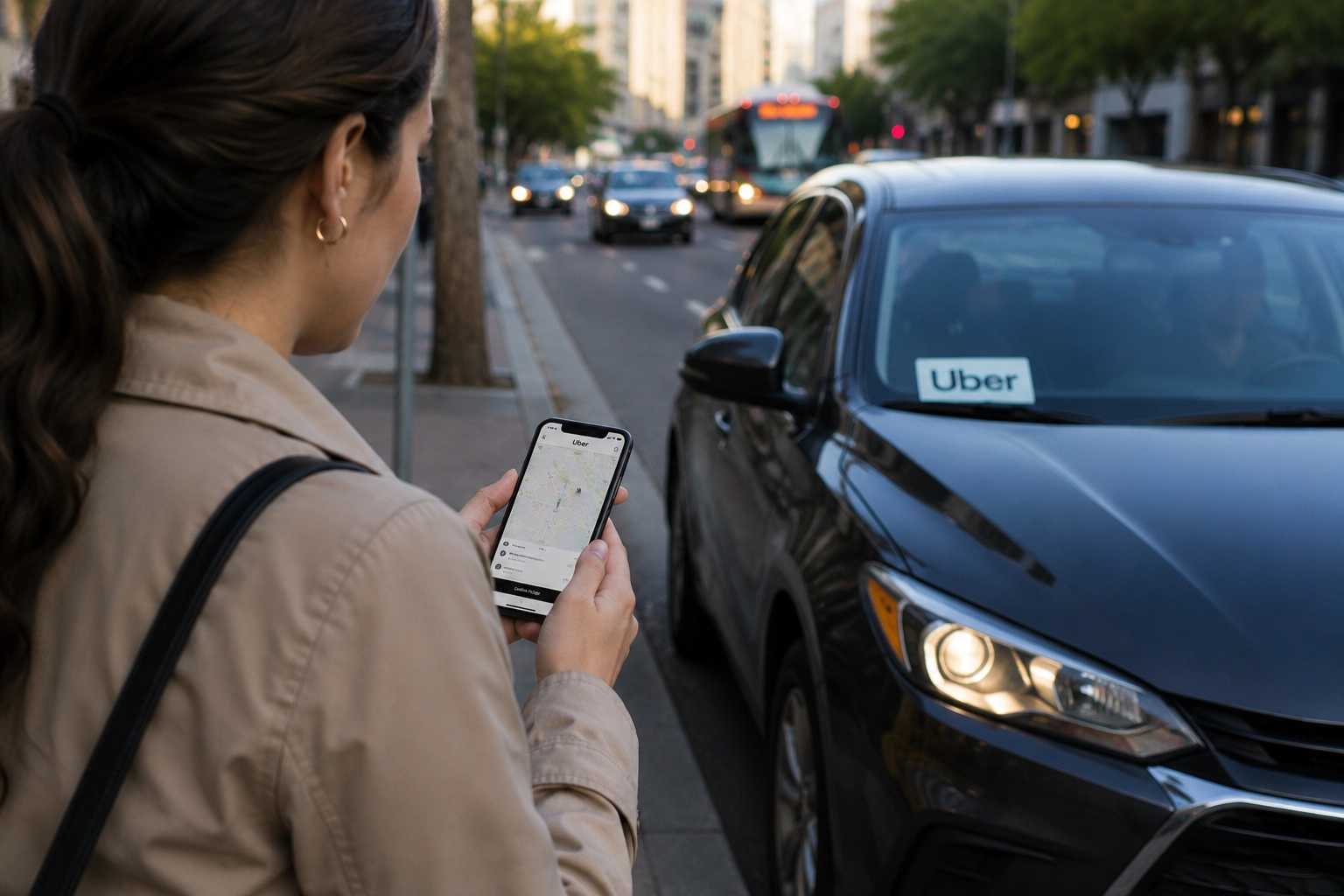 Woman holding smartphone with Uber app while standing beside a black car on a city street.